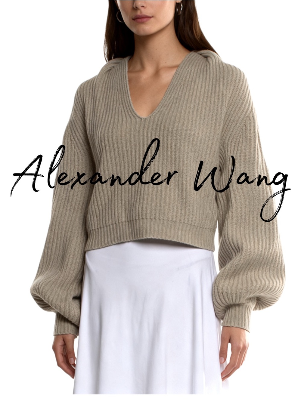 Alexander Wang Taupe Ribbed V-Neck Balloon Sleeve Sweater